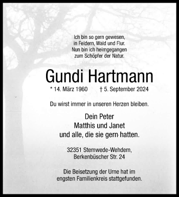 Traueranzeige von Gundi Hartmann von Westfalen Blatt
