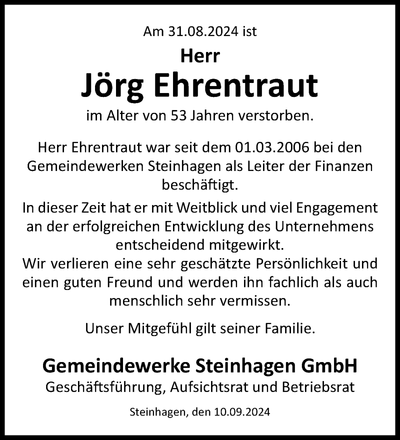  Traueranzeige für Jörg Ehrentraut vom 11.09.2024 aus Westfalen Blatt