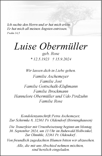 Traueranzeige von Luise Obermüller von Westfalen Blatt