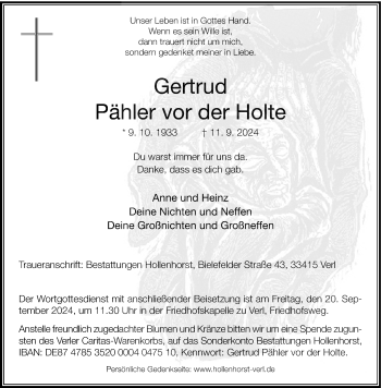 Traueranzeige von Gertrud Pähler Vor der Holte von Westfalen Blatt