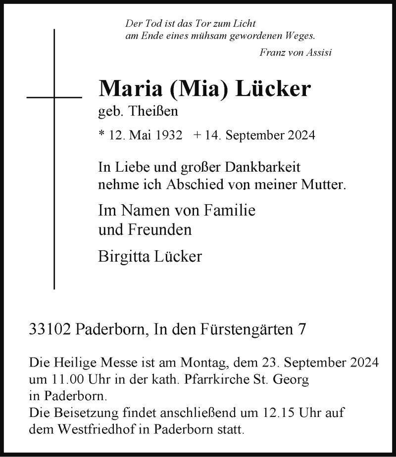  Traueranzeige für Maria Lücker vom 21.09.2024 aus Westfalen Blatt