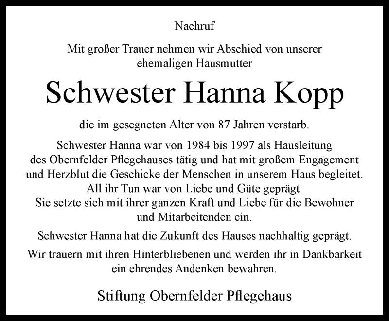 Traueranzeige für Hanna Kopp vom 13.09.2024 aus Westfalen Blatt