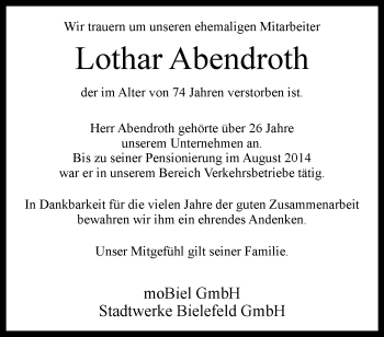 Traueranzeige von Lothar Abendroth von Westfalen Blatt
