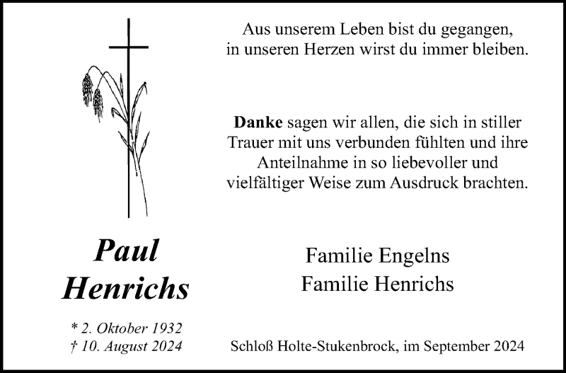 Traueranzeige für Paul Henrichs vom 21.09.2024 aus Westfalen Blatt