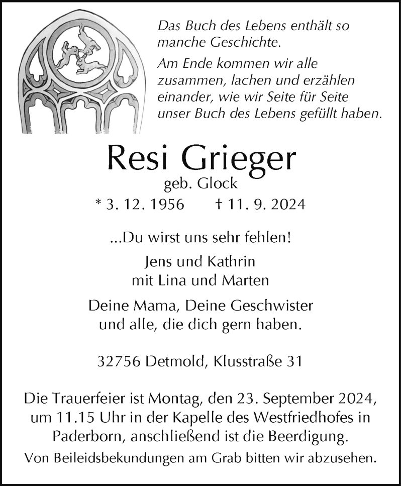  Traueranzeige für Resi Grieger vom 14.09.2024 aus Westfalen Blatt