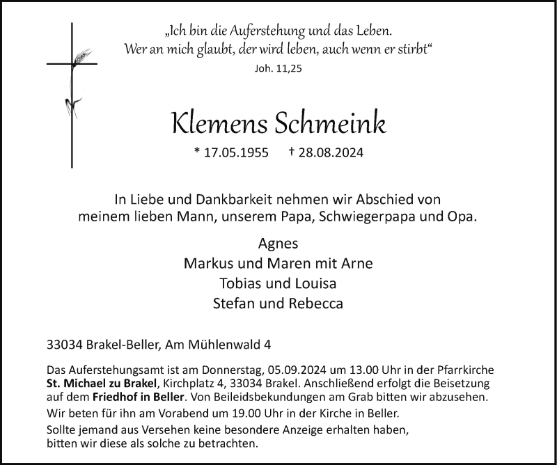  Traueranzeige für Klemens Schmeink vom 03.09.2024 aus Westfalen Blatt