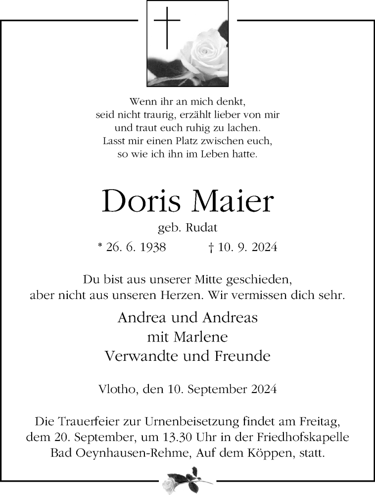  Traueranzeige für Doris Maier vom 14.09.2024 aus Westfalen Blatt