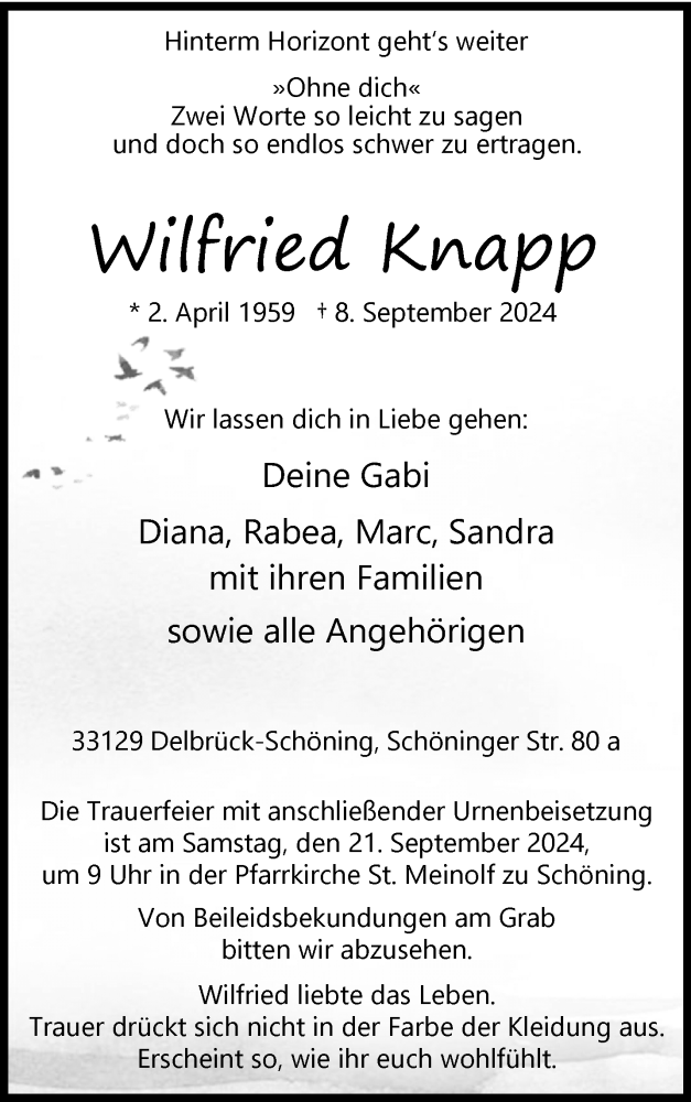  Traueranzeige für   vom 14.09.2024 aus Westfalen Blatt