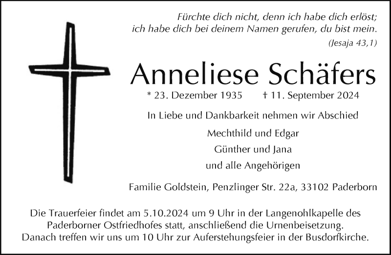  Traueranzeige für Anneliese Schäfers vom 21.09.2024 aus Westfalen Blatt