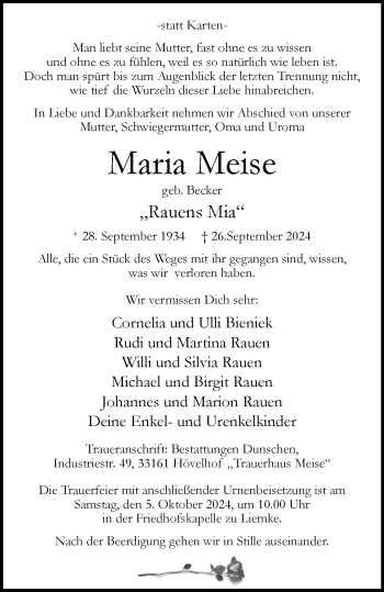Traueranzeige von Maria Meise von Westfalen Blatt
