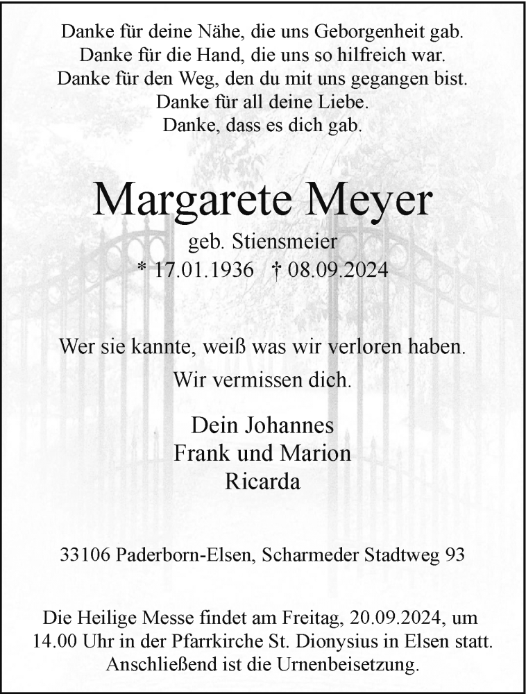  Traueranzeige für Margarete Meyer vom 14.09.2024 aus Westfalen Blatt
