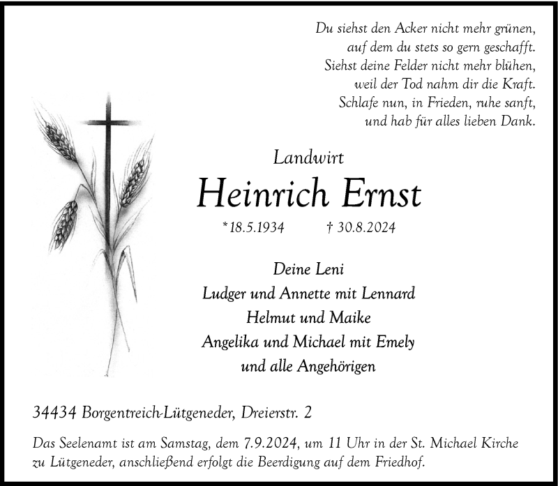  Traueranzeige für Heinrich Ernst vom 03.09.2024 aus Westfalen Blatt