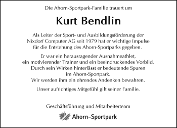 Traueranzeige von Kurt Bendlin von Westfalen Blatt