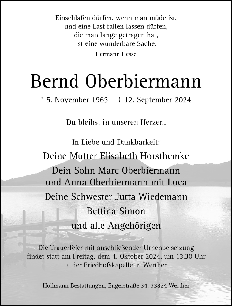  Traueranzeige für Bernd Oberbiermann vom 28.09.2024 aus Westfalen Blatt