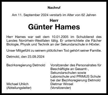 Traueranzeige von Günter Hames von Westfalen Blatt