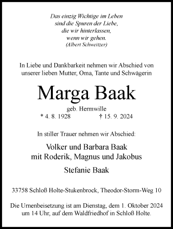 Traueranzeige von Marga Baak von Westfalen Blatt