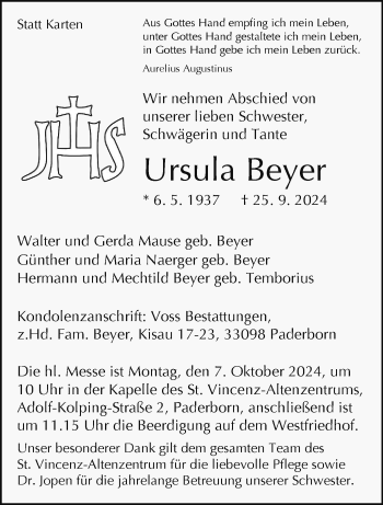 Traueranzeige von Ursula Beyer von Westfalen Blatt