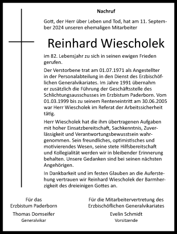 Traueranzeige von Reinhard Wiescholek von Westfalen Blatt