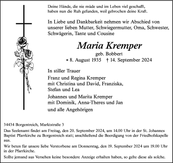 Traueranzeige von Maria Kremper von Westfalen Blatt