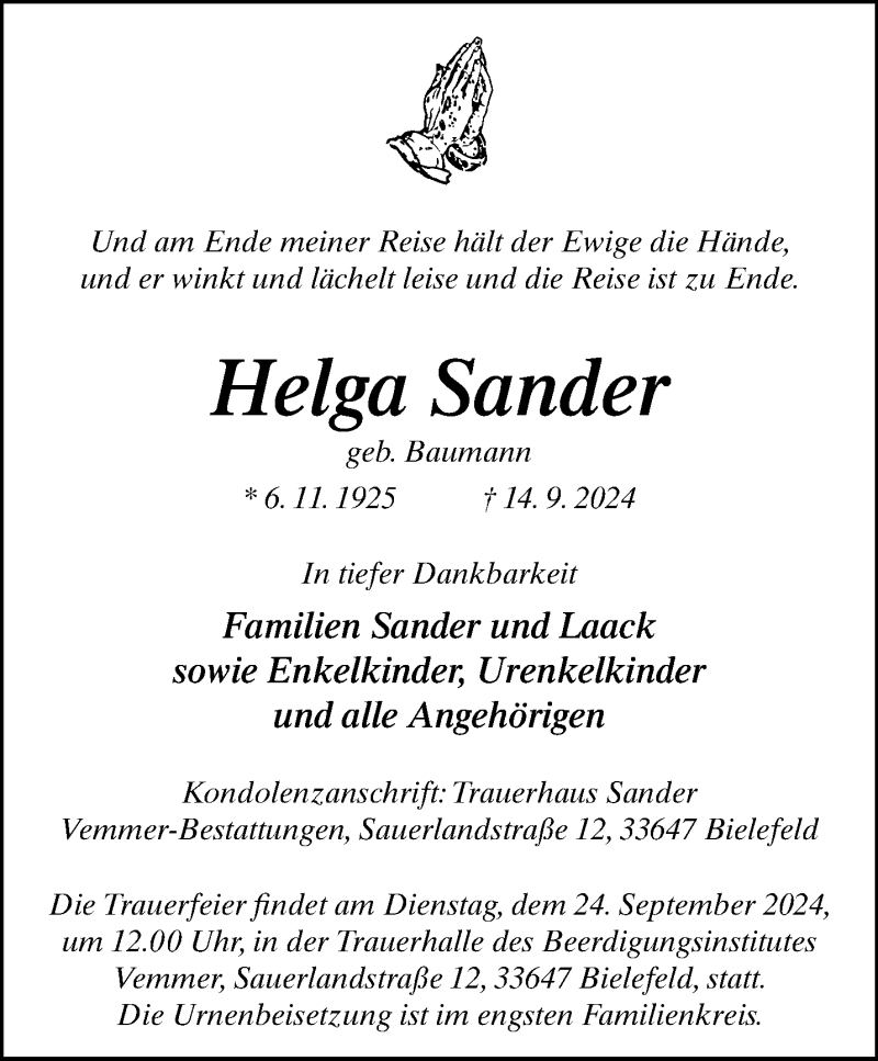  Traueranzeige für Helga Sander vom 21.09.2024 aus Westfalen Blatt