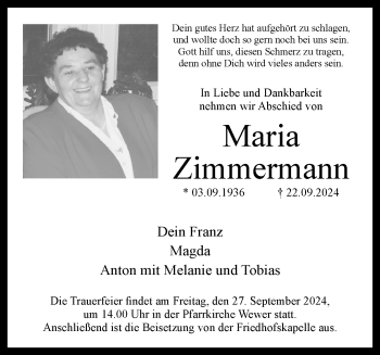 Traueranzeige von Maria Zimmermann von Westfalen Blatt