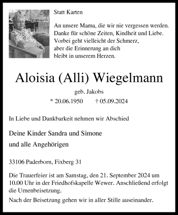 Traueranzeige von Aloisia Wiegelmann von Westfalen Blatt