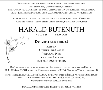 Traueranzeige von Harald Butenuth von Westfalen Blatt
