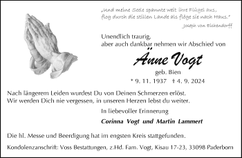 Traueranzeige von Anne Vogt von Westfalen Blatt