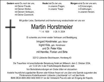 Traueranzeige von Martin Horstmeier von Westfalen Blatt