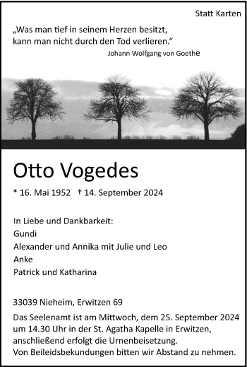 Traueranzeige von Otto Vogedes von Westfalen Blatt