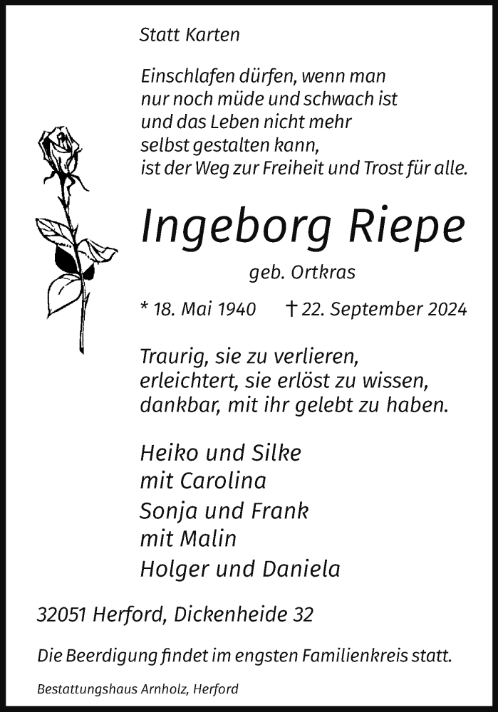  Traueranzeige für Ingeborg Riepe vom 28.09.2024 aus Westfalen Blatt