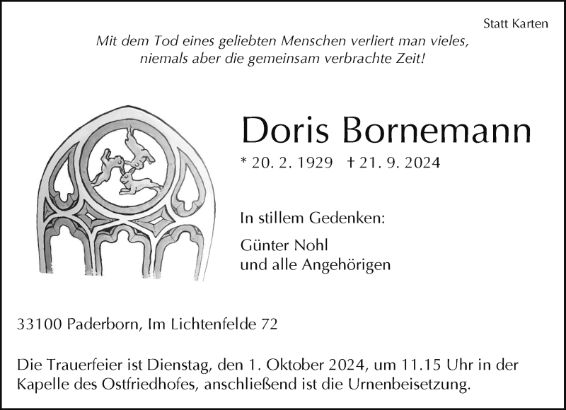  Traueranzeige für Doris Bornemann vom 25.09.2024 aus Westfalen Blatt