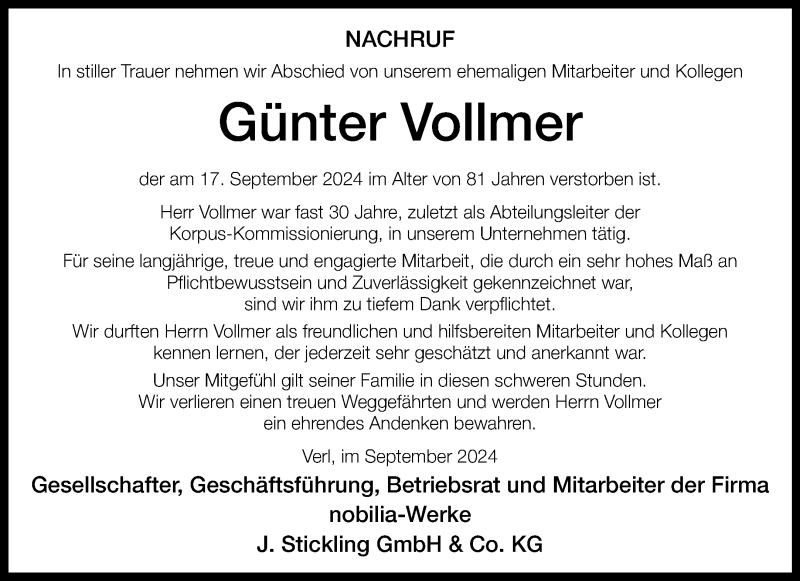  Traueranzeige für Günter Vollmer vom 28.09.2024 aus Westfalen Blatt
