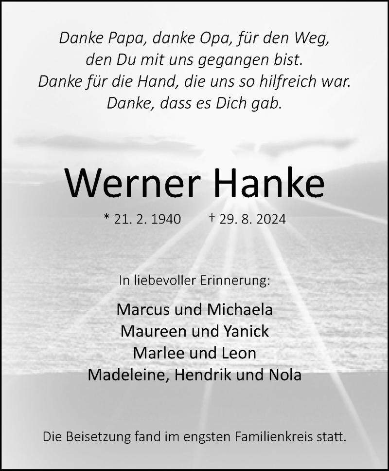  Traueranzeige für Werner Hanke vom 07.09.2024 aus Westfalen Blatt