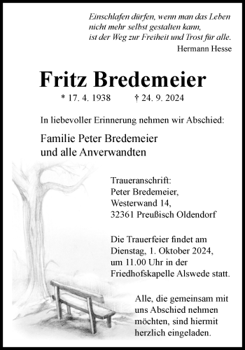 Traueranzeige von Fritz Bredemeier von Westfalen Blatt