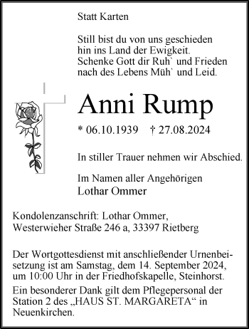 Traueranzeige von Anni Rump von Westfalen Blatt