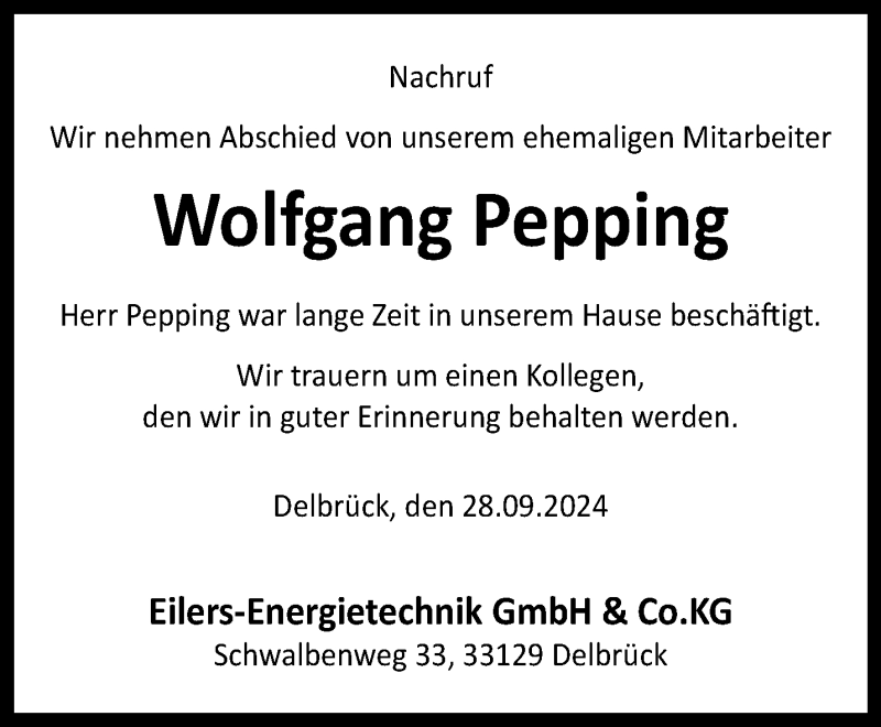  Traueranzeige für Wolfgang Pepping vom 28.09.2024 aus Westfalen Blatt
