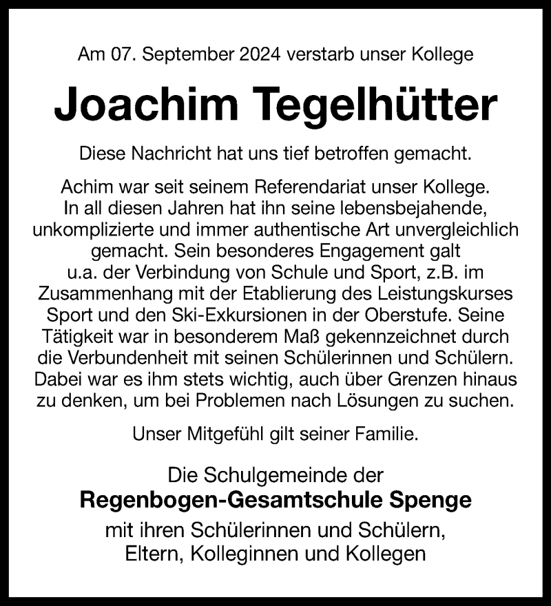  Traueranzeige für Joachim Tegelhütter vom 20.09.2024 aus Westfalen Blatt