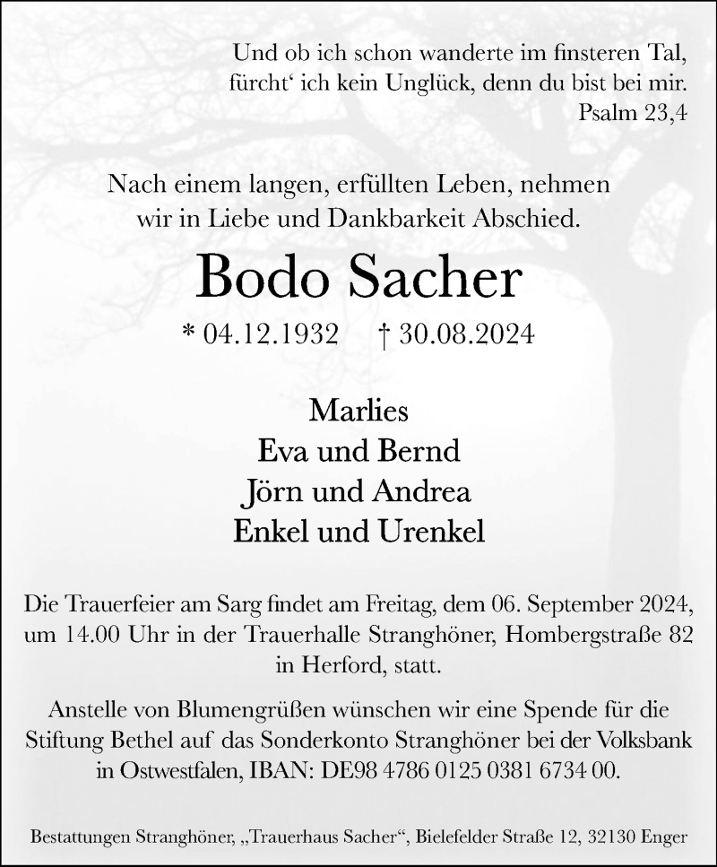  Traueranzeige für Bodo Sacher vom 04.09.2024 aus Westfalen Blatt