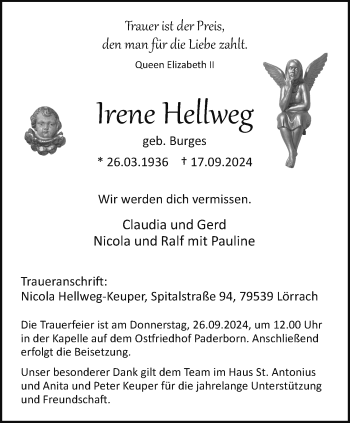 Traueranzeige von Irene Hellweg von Westfalen Blatt
