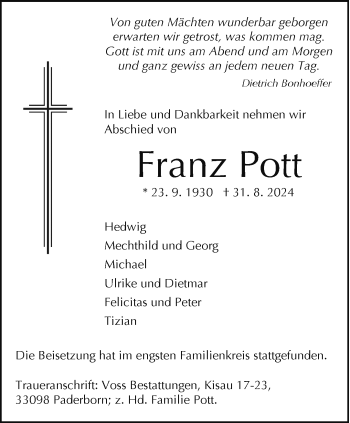 Traueranzeige von Franz Pott von Westfalen Blatt