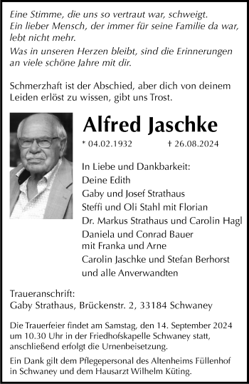Traueranzeige von Alfred Jaschke von Westfalen Blatt