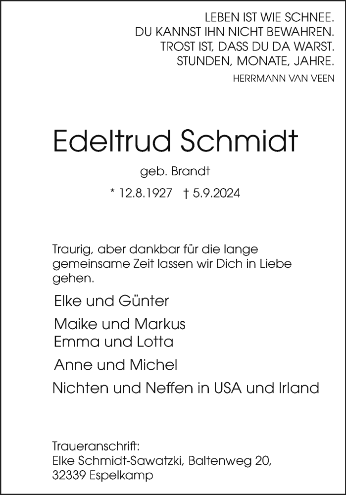  Traueranzeige für Edeltrud Schmidt vom 14.09.2024 aus Westfalen Blatt