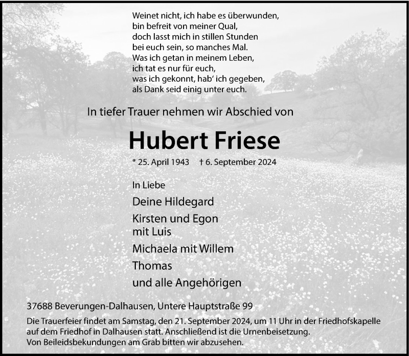  Traueranzeige für Hubert Friese vom 17.09.2024 aus Westfalen Blatt