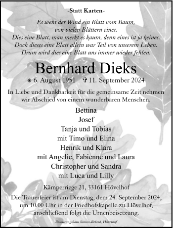 Traueranzeige von Bernhard Dieks von Westfalen Blatt
