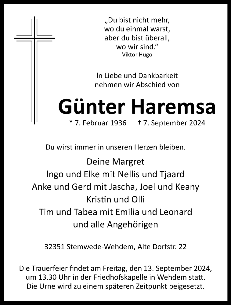  Traueranzeige für Günter Haremsa vom 10.09.2024 aus Westfalen Blatt