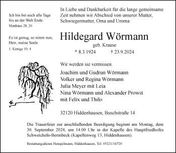 Traueranzeige von Hildegard Wörmann von Westfalen Blatt