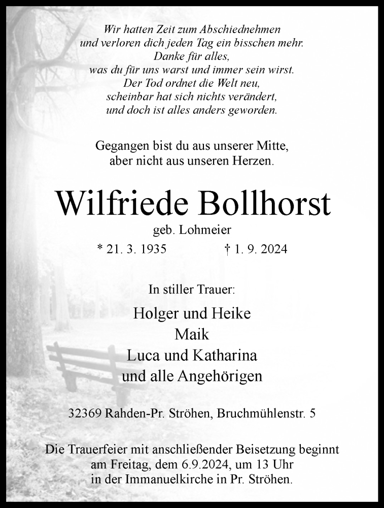  Traueranzeige für Wilfriede Bollhorst vom 04.09.2024 aus Westfalen Blatt