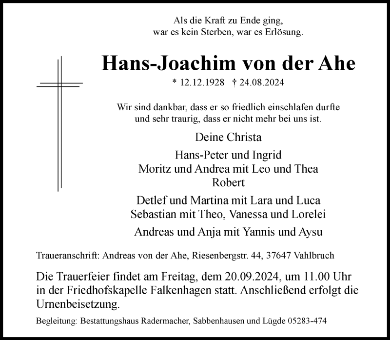  Traueranzeige für Hans-Joachim von der Ahe vom 14.09.2024 aus Westfalen Blatt