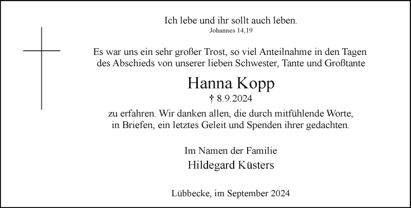  Traueranzeige für Hanna Kopp vom 28.09.2024 aus Westfalen Blatt